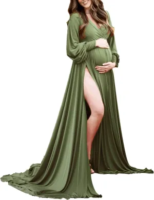 Dedysler Maternity Gowns Long Sleeves Baby Shower Dress for Photoshoot Wrap Split Sweetheart Maxi Photography