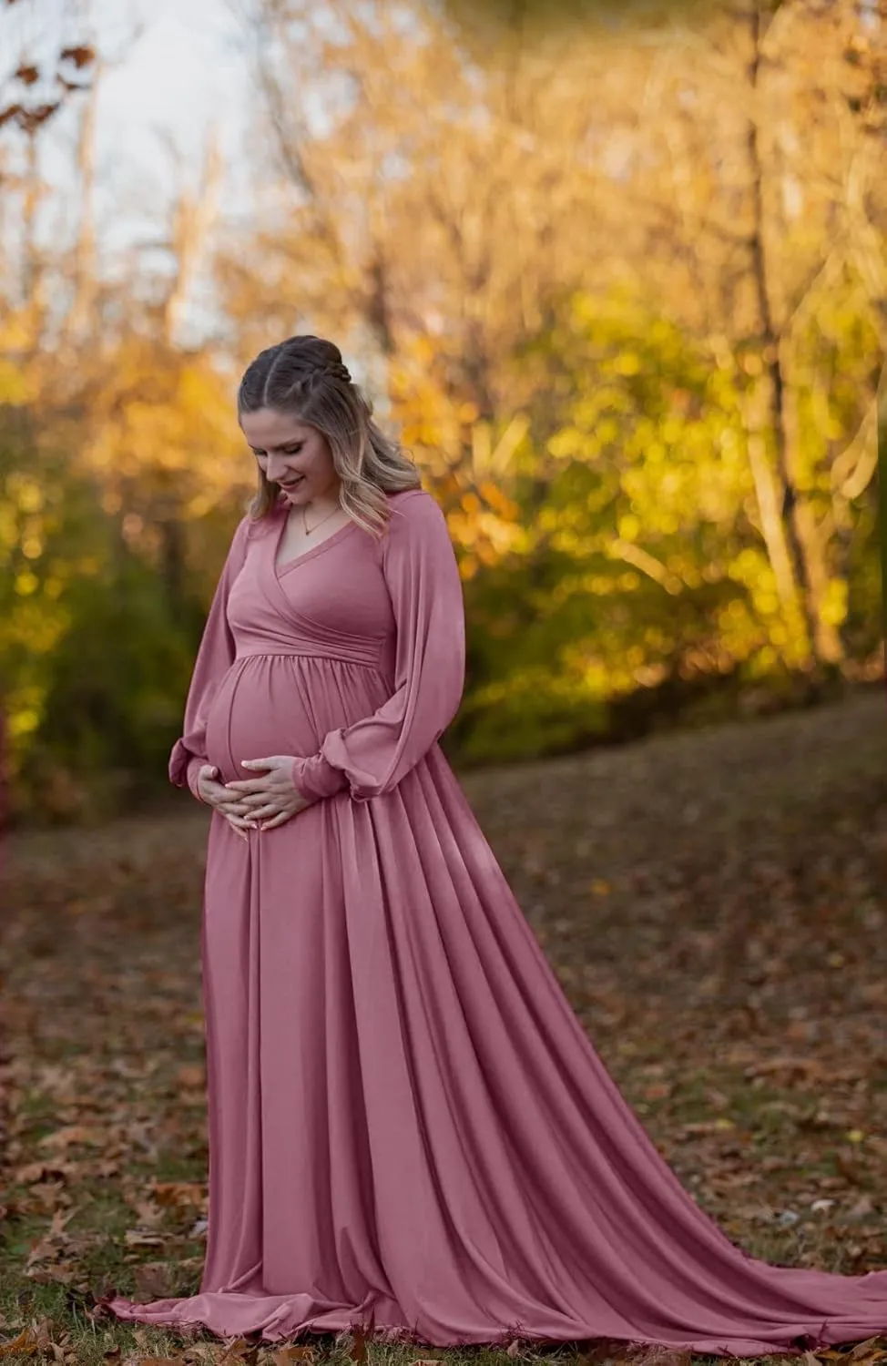 Dedysler Maternity Gowns Long Sleeves Baby Shower Dress for Photoshoot Wrap Split Sweetheart Maxi Photography