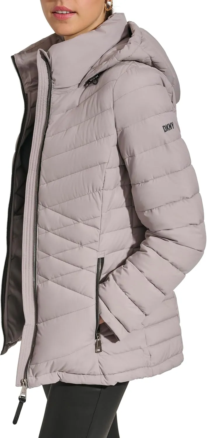 DKNY Womens Hooded Light-Weight Puffer