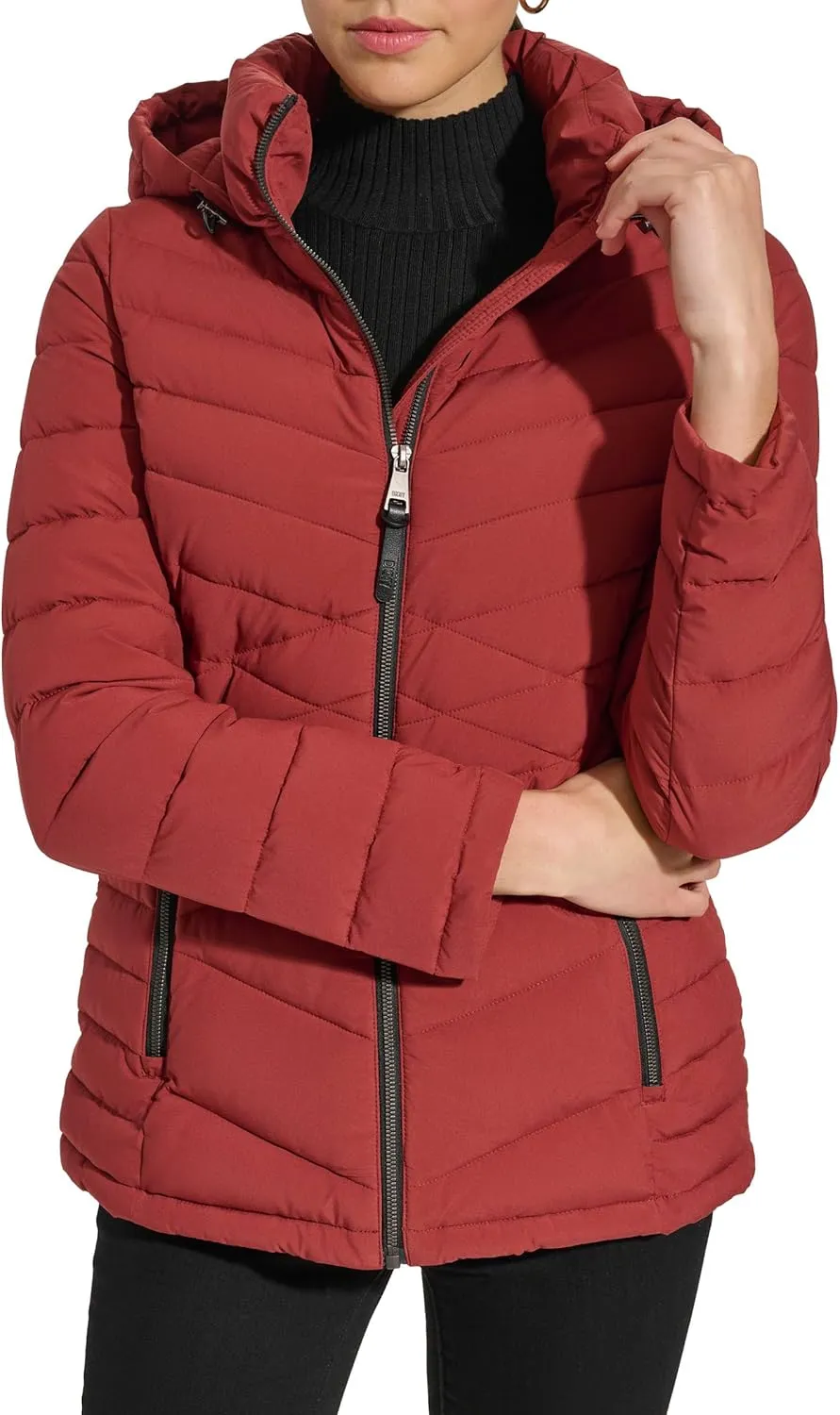 DKNY Womens Hooded Light-Weight Puffer