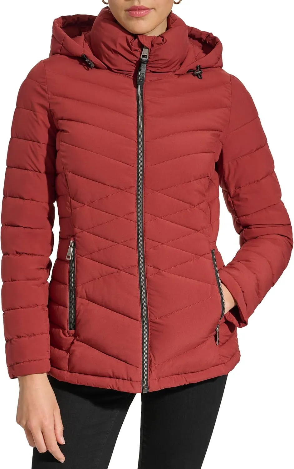 DKNY Womens Hooded Light-Weight Puffer