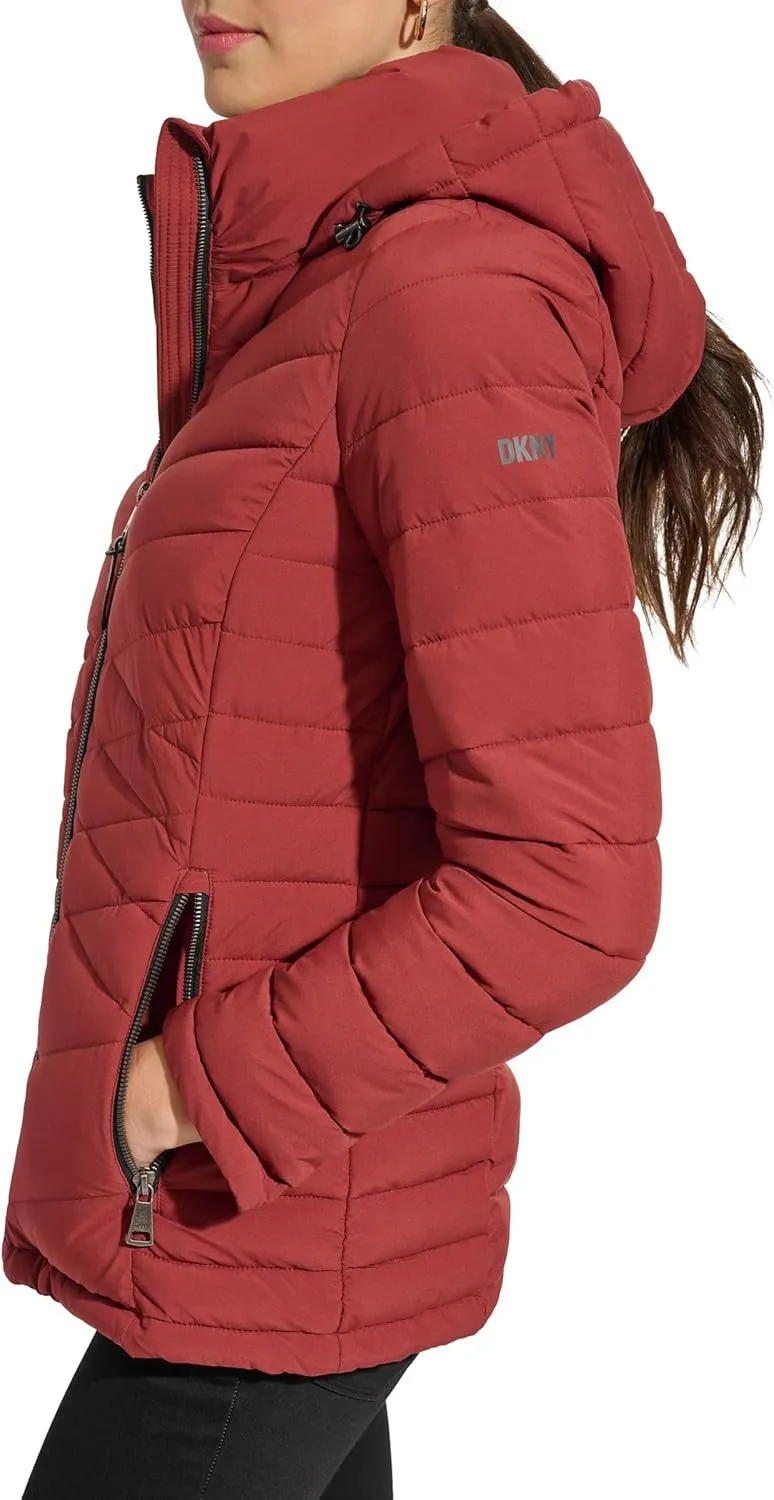 DKNY Womens Hooded Light-Weight Puffer