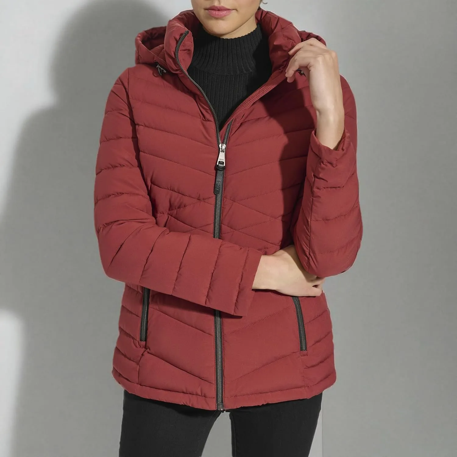 DKNY Womens Hooded Light-Weight Puffer