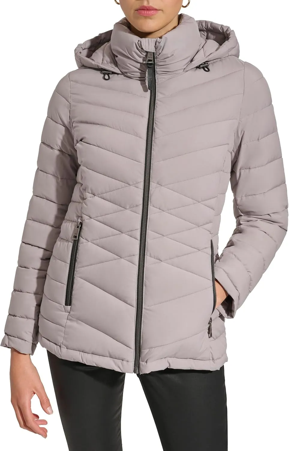 DKNY Womens Hooded Light-Weight Puffer
