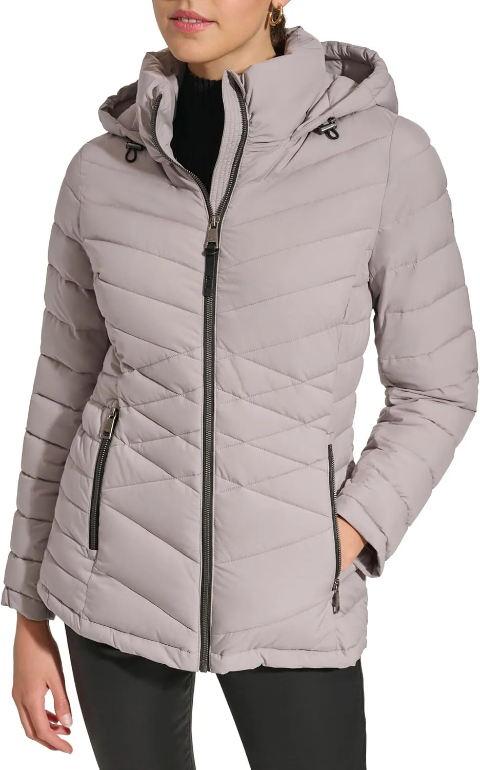 DKNY Womens Hooded Light-Weight Puffer