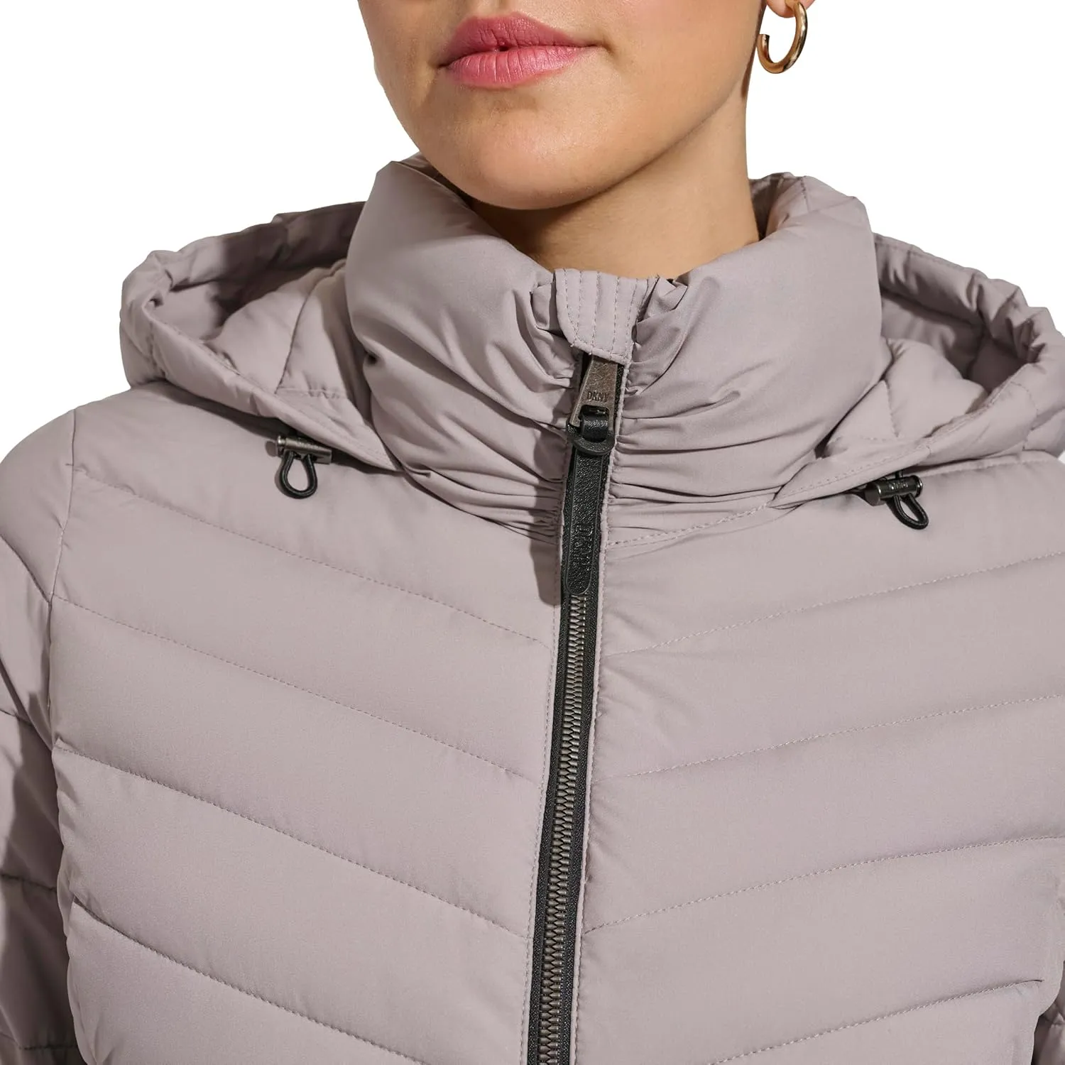 DKNY Womens Hooded Light-Weight Puffer