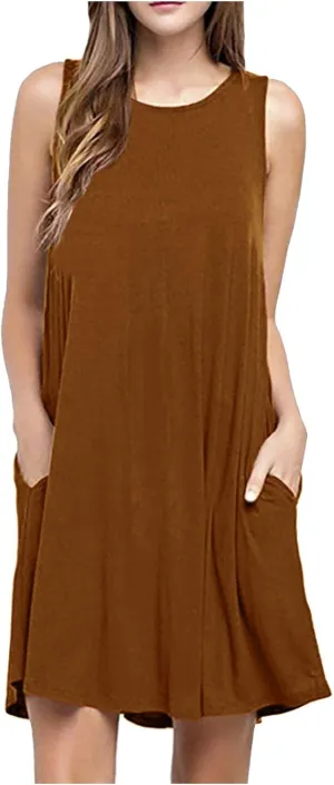 Dresses for Women Casual Fashion Sleeveless Crewneck Mini Dresses Summer Solid Color Loose Fit Dress 2025