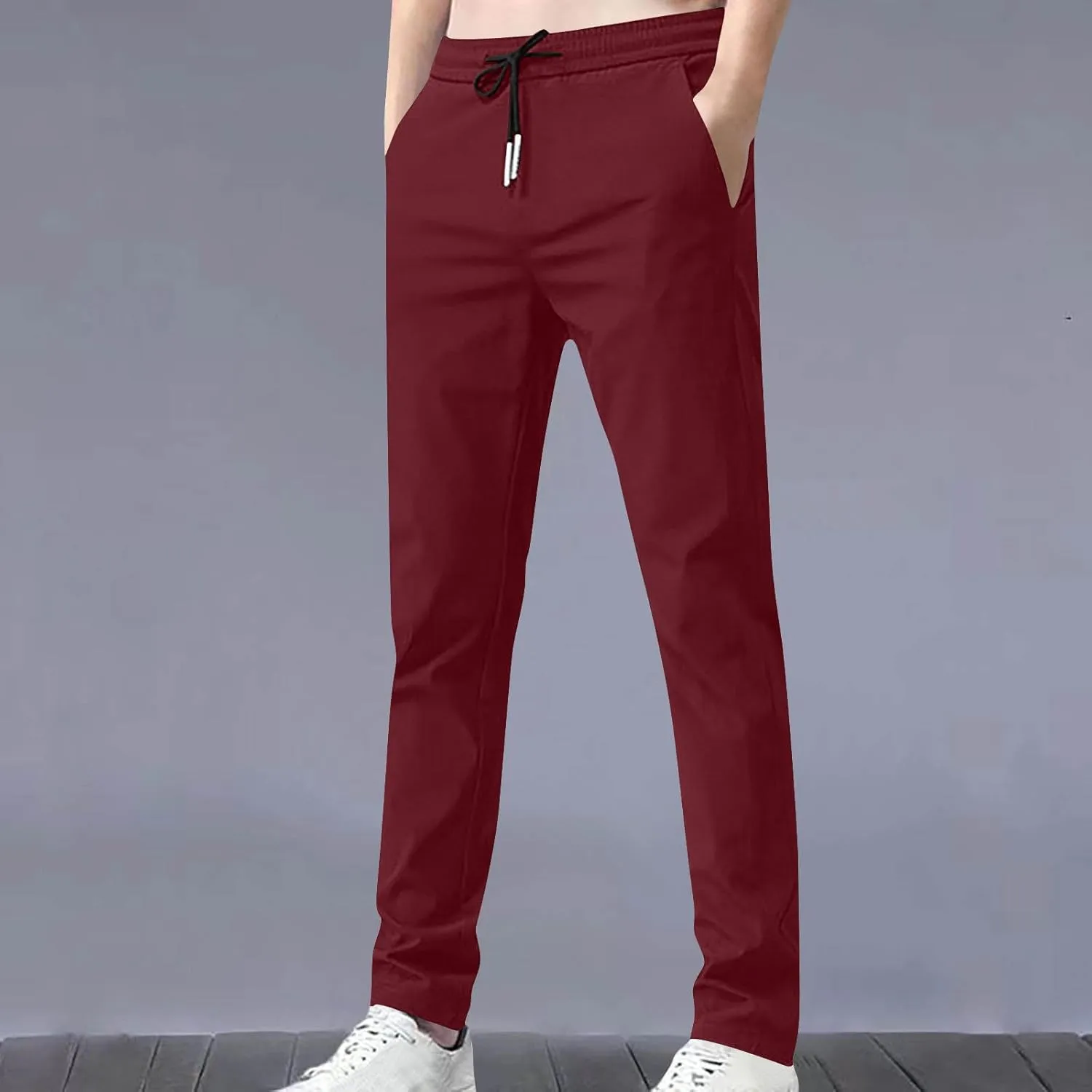 Elastic Waist Casual Pants Men Lightweight Slim Fit Straight Leg Lounge Bottoms Drawstring Daily Activewear