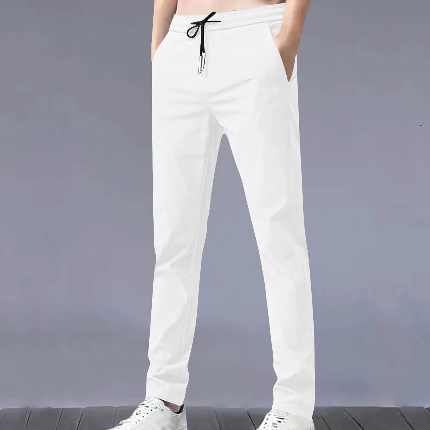 Elastic Waist Casual Pants Men Lightweight Slim Fit Straight Leg Lounge Bottoms Drawstring Daily Activewear