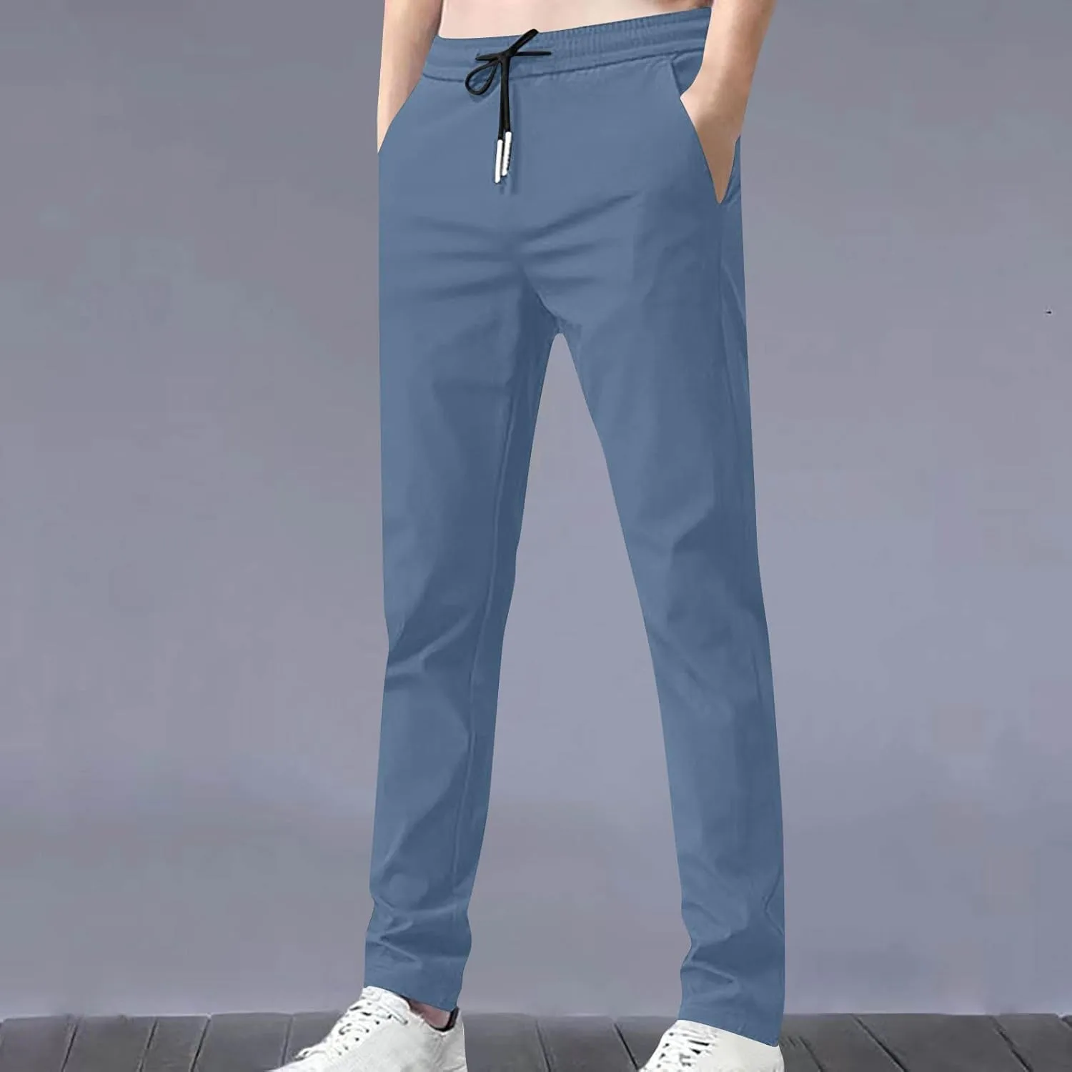 Elastic Waist Casual Pants Men Lightweight Slim Fit Straight Leg Lounge Bottoms Drawstring Daily Activewear