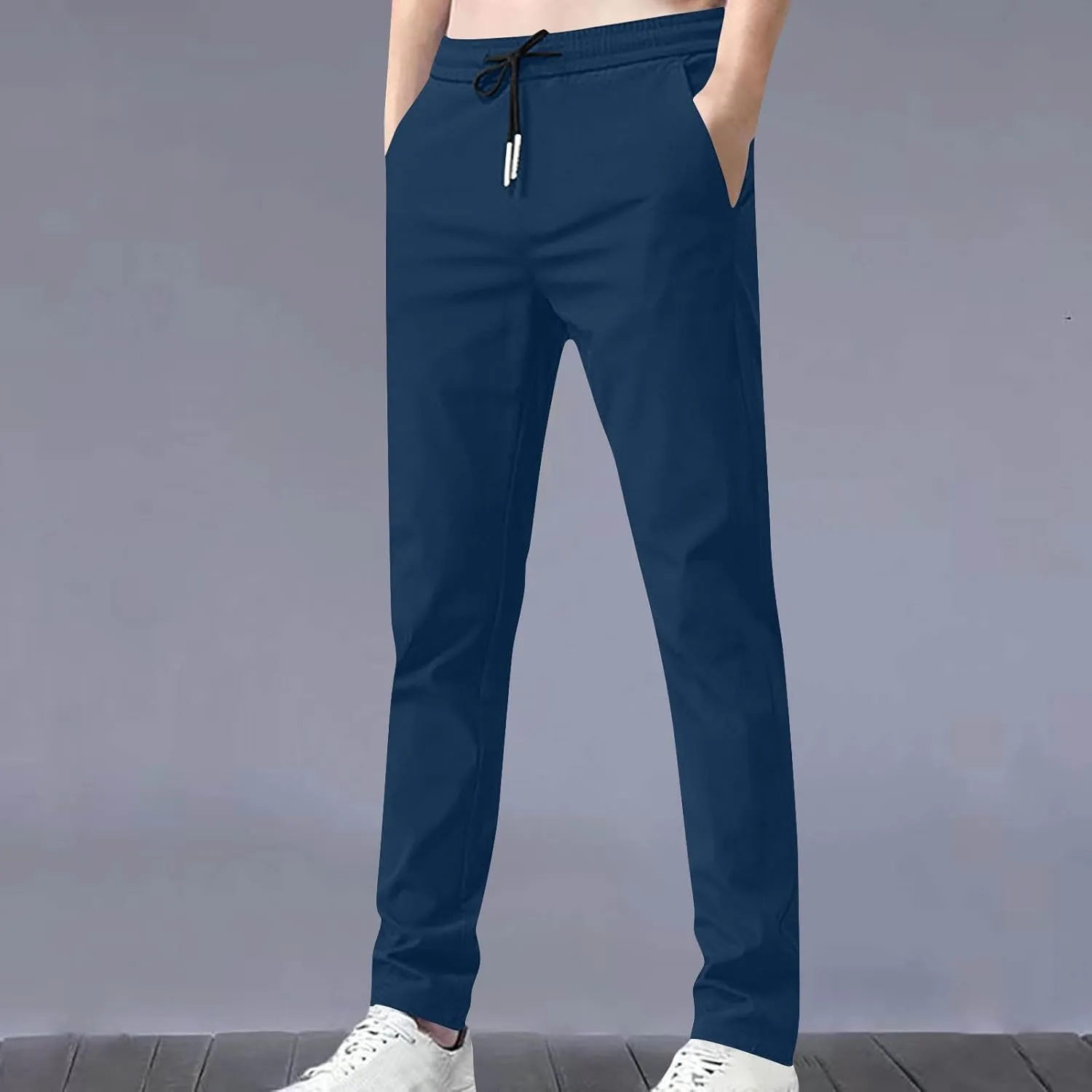 Elastic Waist Casual Pants Men Lightweight Slim Fit Straight Leg Lounge Bottoms Drawstring Daily Activewear