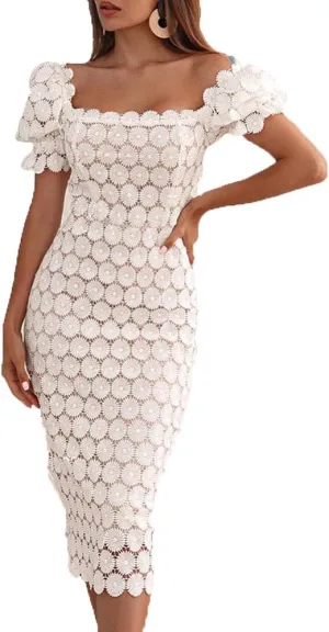 Elegant Lace Commuter Mid Waist Slim Dress Temperament Crochet Medium Long Cocktail Prom Evening Gowns