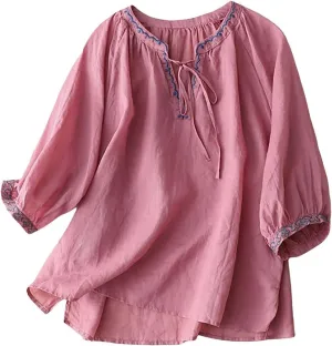 Embroidered Tops for Women Shirts Trendy Summer Cotton Linen Short Sleeve Tops Boho Top Loose Summer Tops