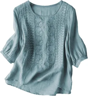 Embroidered Tops for Women Shirts Trendy Summer Cotton Linen Short Sleeve Tops Boho Top Loose Summer Tops