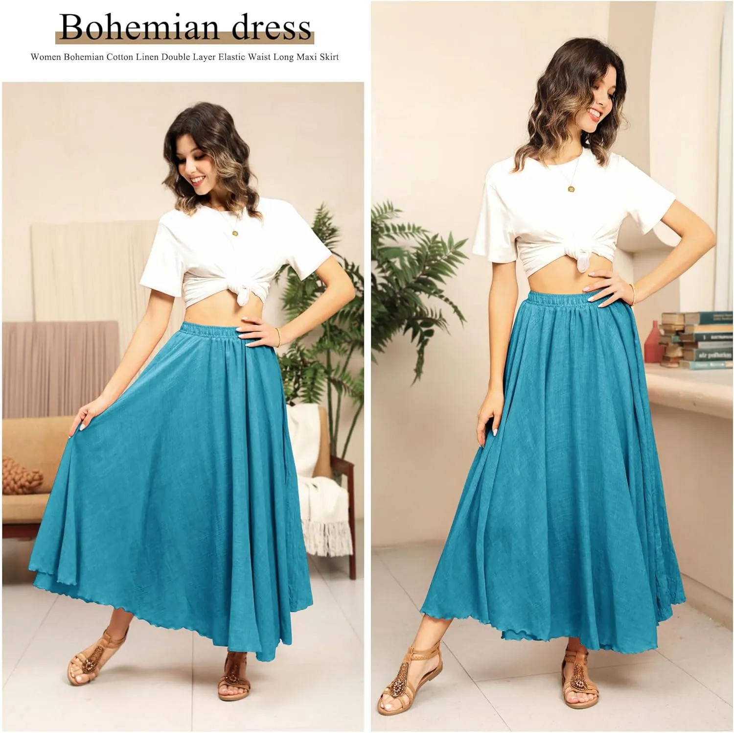 Ezcosplay Women Boho Maxi A Line Skirt Elastic Waist Summer Bohemian Flowy Long Beach Swing Skirts