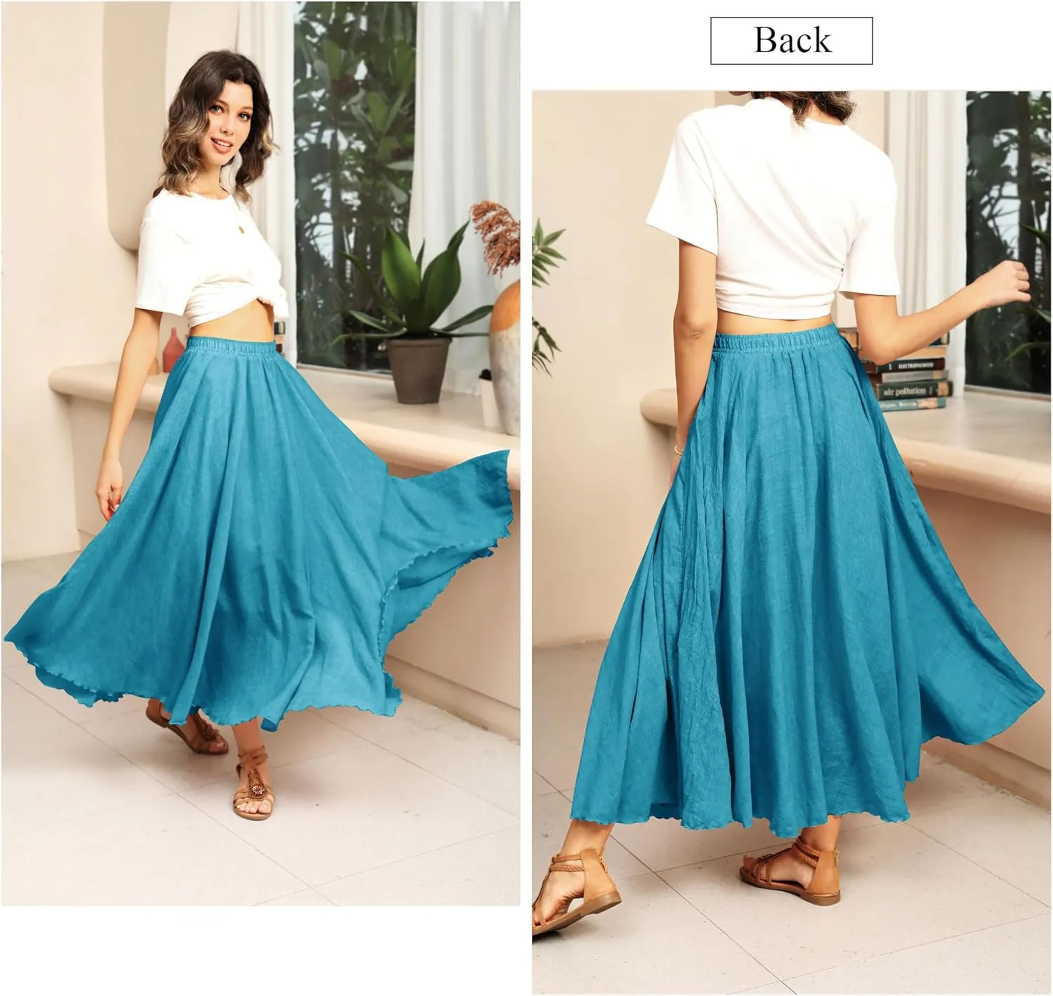 Ezcosplay Women Boho Maxi A Line Skirt Elastic Waist Summer Bohemian Flowy Long Beach Swing Skirts