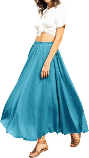 Ezcosplay Women Boho Maxi A Line Skirt Elastic Waist Summer Bohemian Flowy Long Beach Swing Skirts