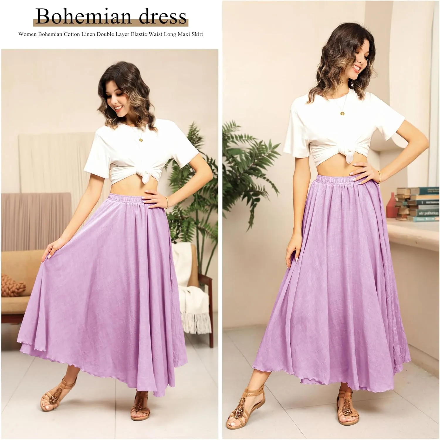 Ezcosplay Women Boho Maxi A Line Skirt Elastic Waist Summer Bohemian Flowy Long Beach Swing Skirts