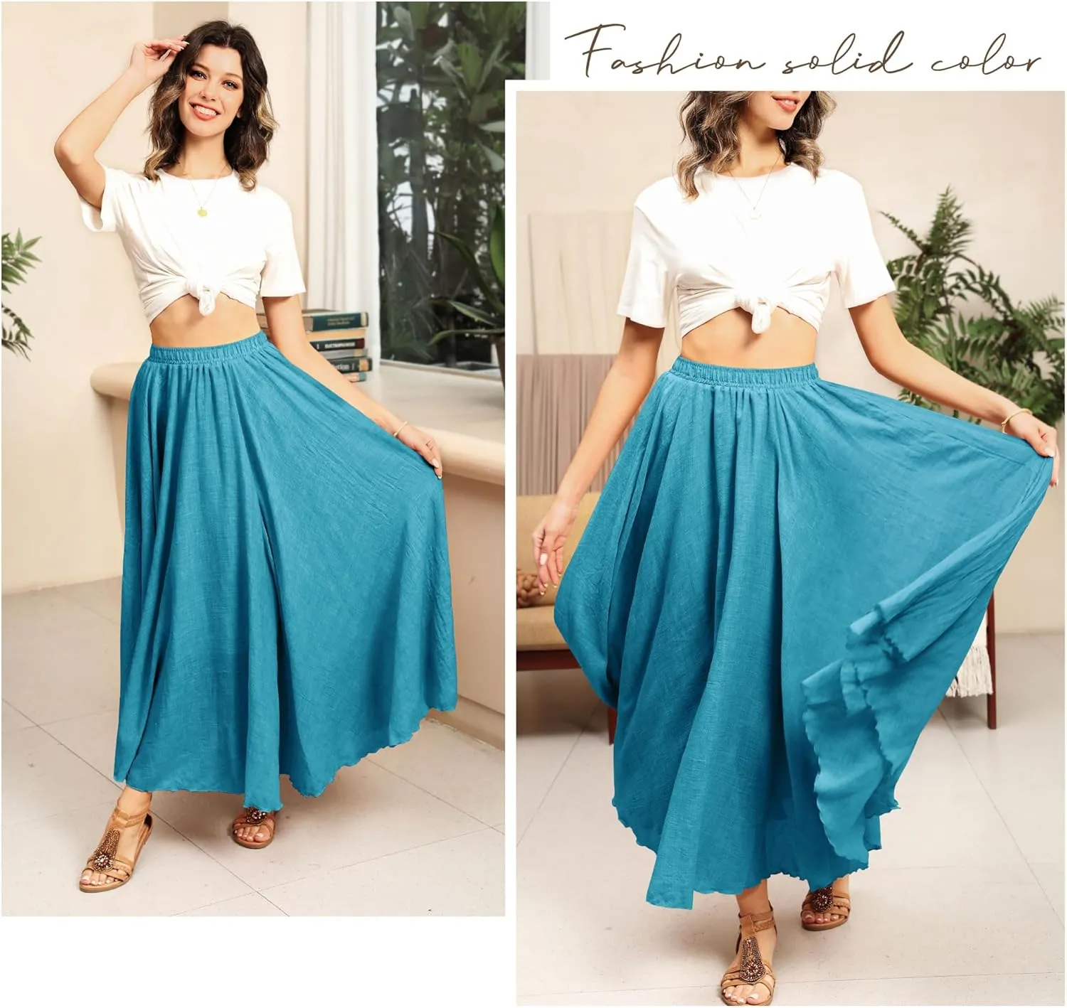 Ezcosplay Women Boho Maxi A Line Skirt Elastic Waist Summer Bohemian Flowy Long Beach Swing Skirts