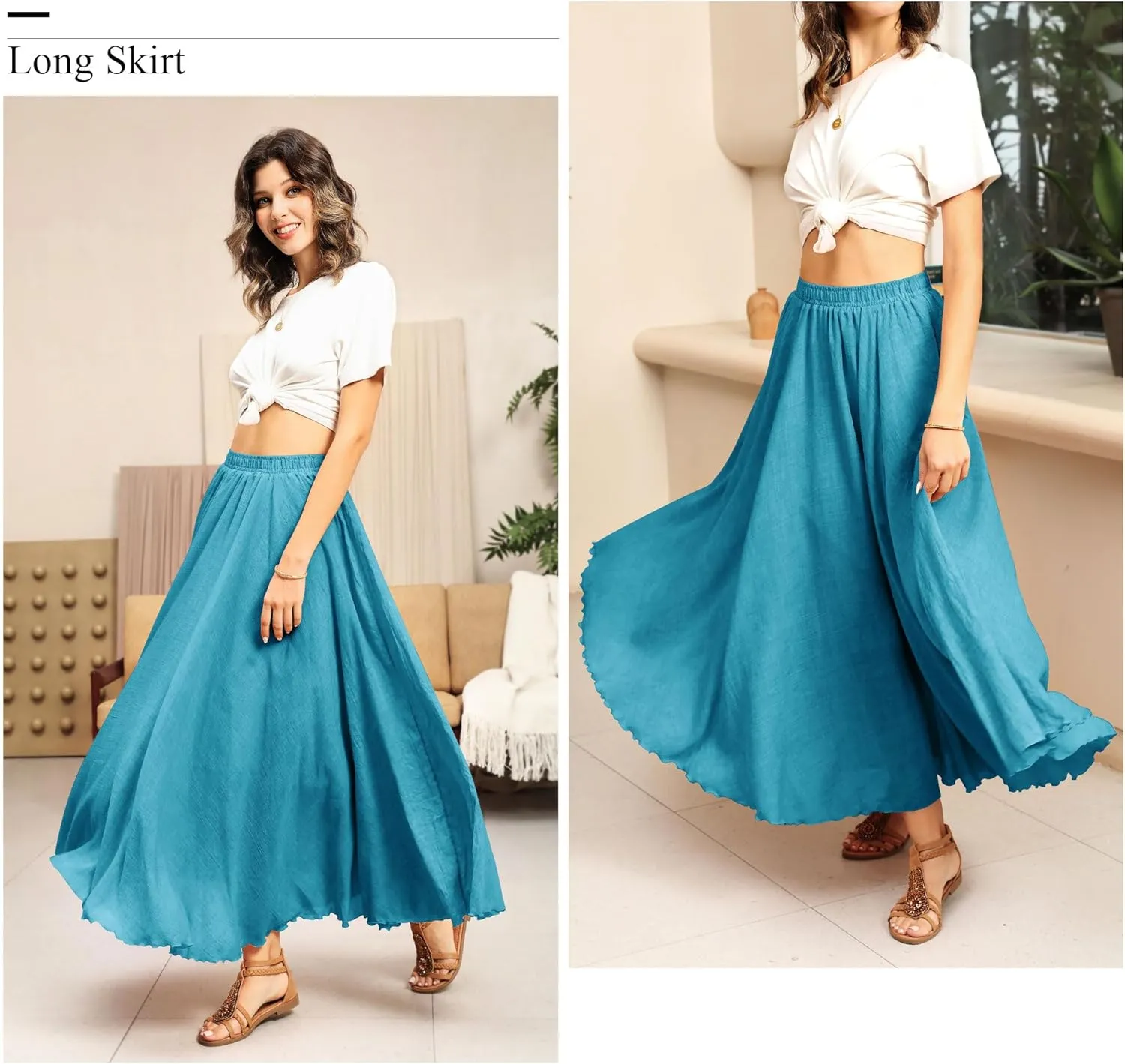Ezcosplay Women Boho Maxi A Line Skirt Elastic Waist Summer Bohemian Flowy Long Beach Swing Skirts