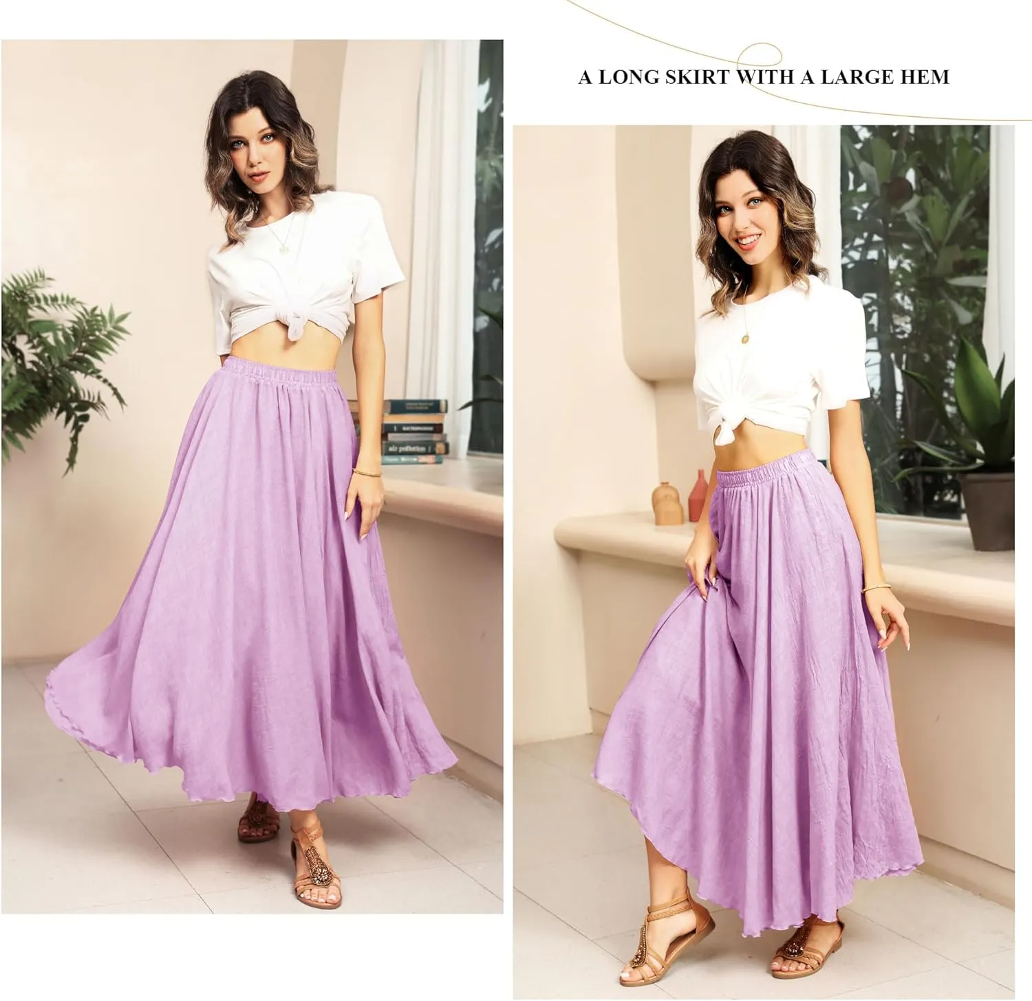Ezcosplay Women Boho Maxi A Line Skirt Elastic Waist Summer Bohemian Flowy Long Beach Swing Skirts