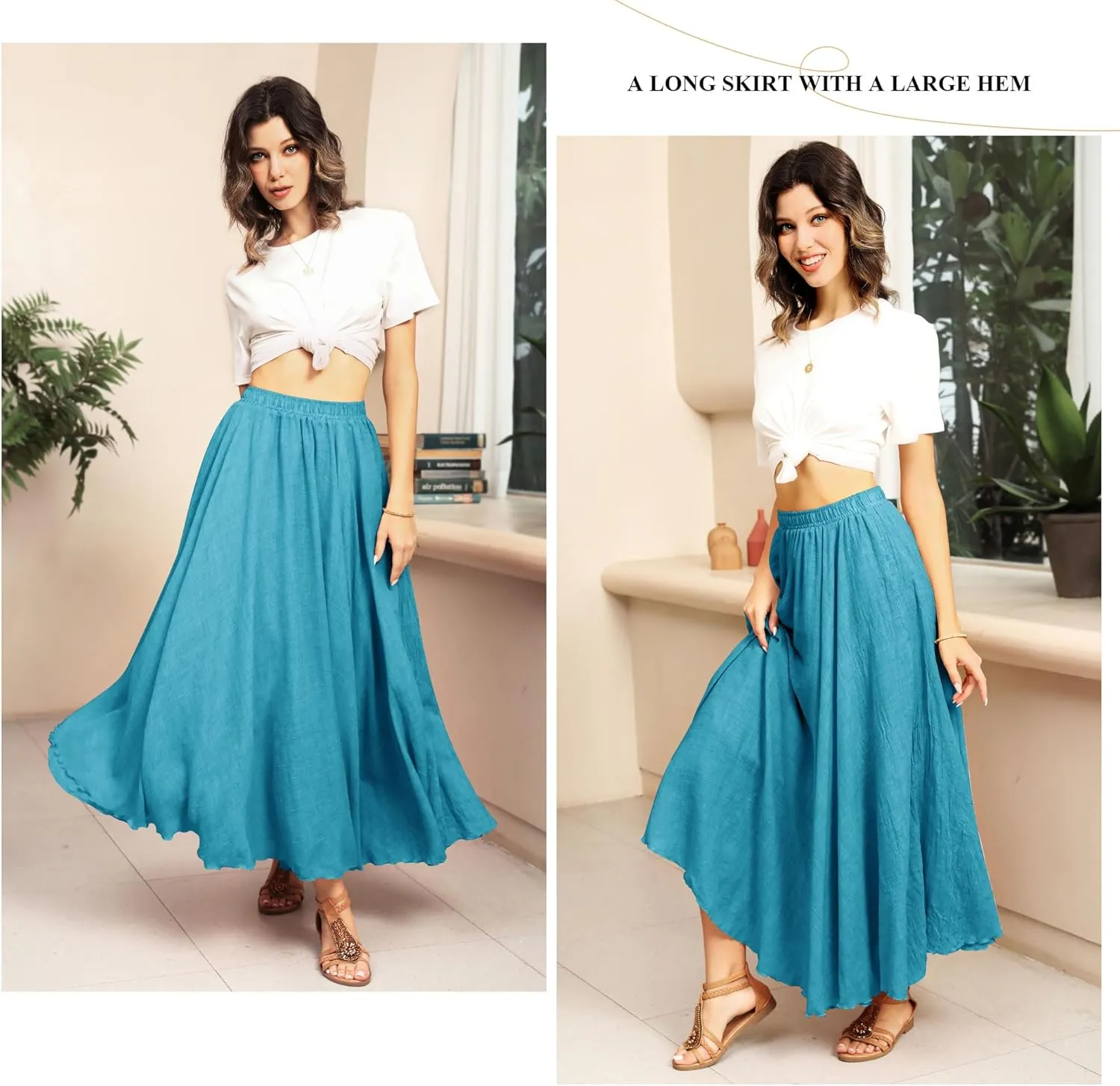 Ezcosplay Women Boho Maxi A Line Skirt Elastic Waist Summer Bohemian Flowy Long Beach Swing Skirts