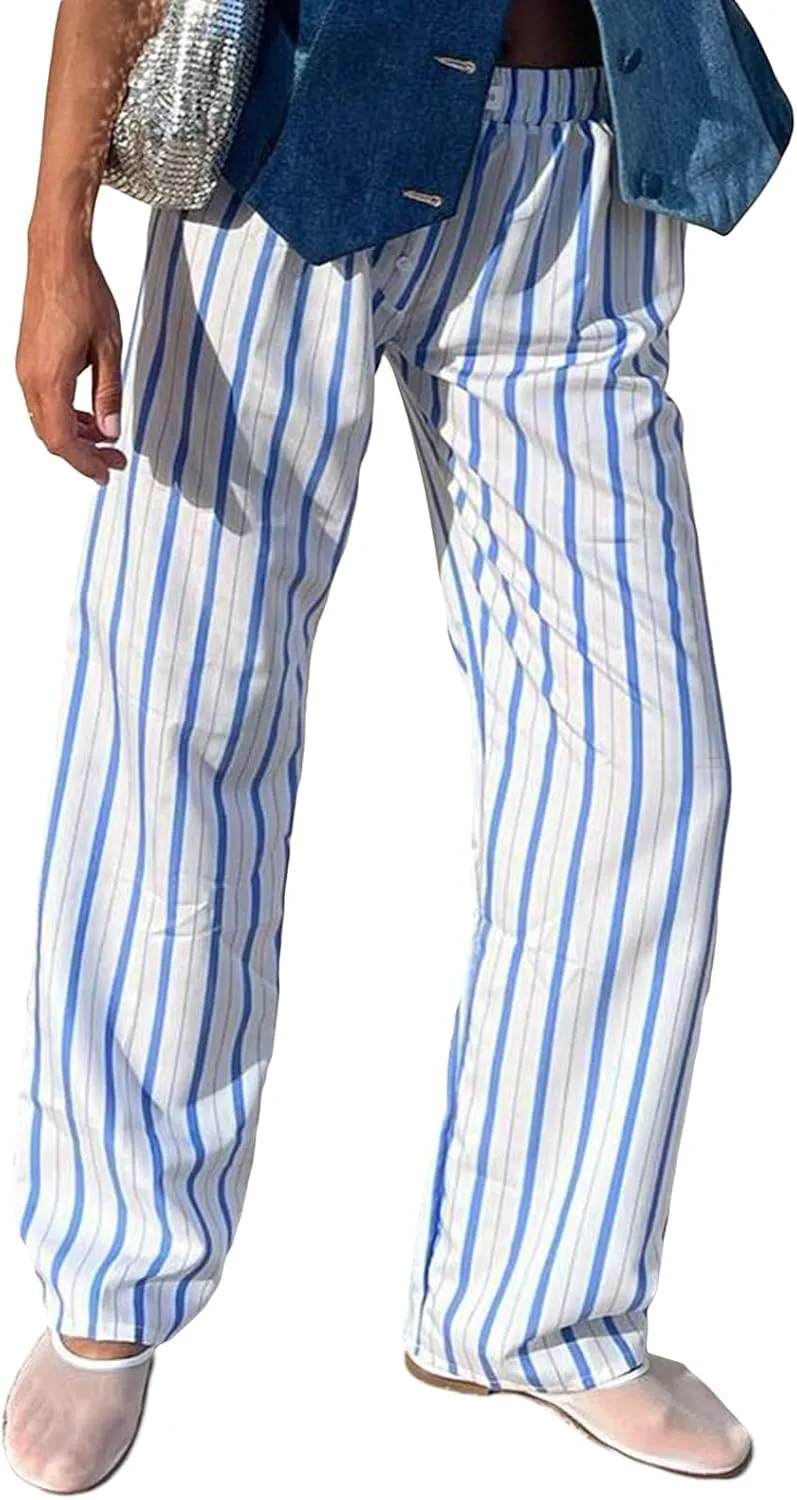 Faretumiya Women Y2k Striped Pants Elastic High Waist Wide Leg Pants Loose Lounge Bottoms Sweatpants Streetwear