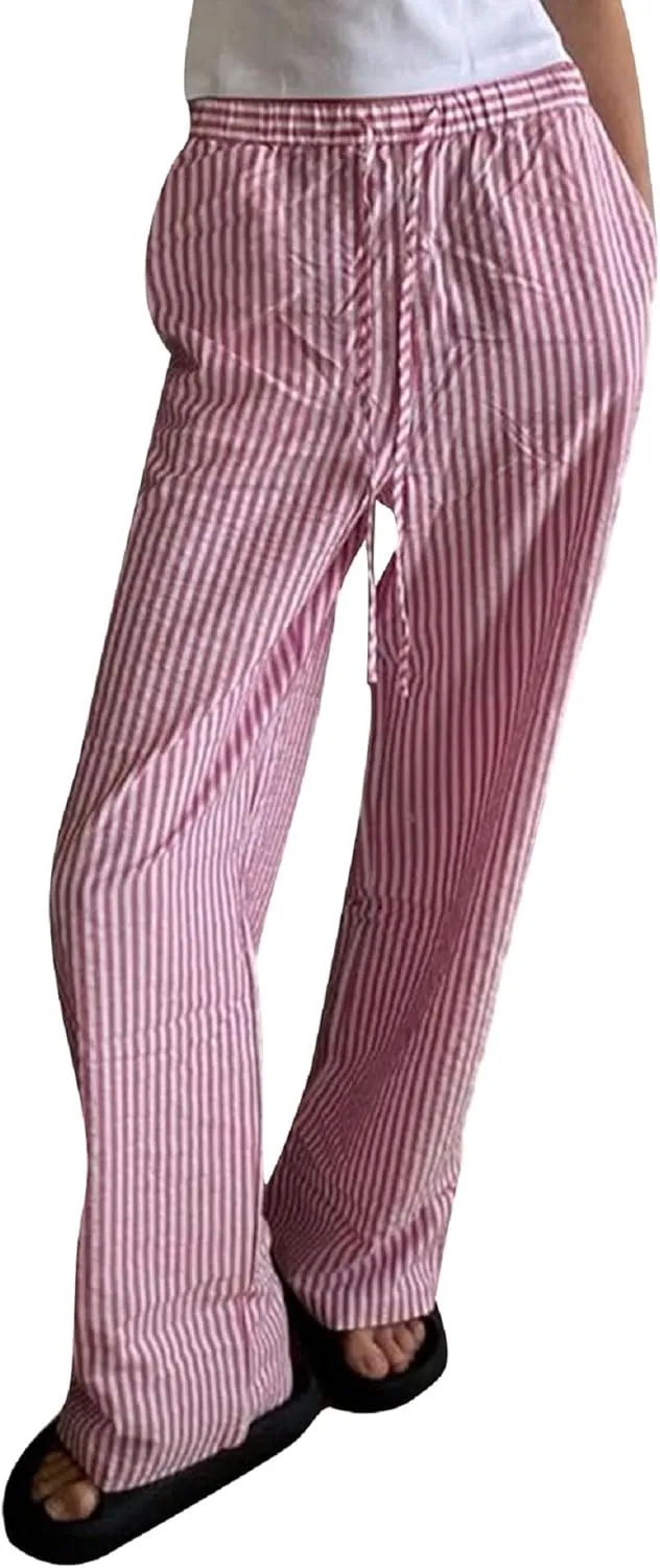 Faretumiya Women Y2k Striped Pants Elastic High Waist Wide Leg Pants Loose Lounge Bottoms Sweatpants Streetwear