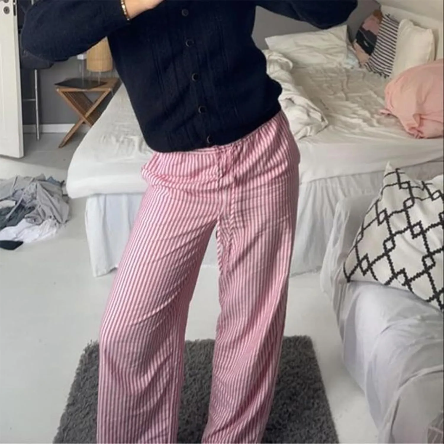 Faretumiya Women Y2k Striped Pants Elastic High Waist Wide Leg Pants Loose Lounge Bottoms Sweatpants Streetwear