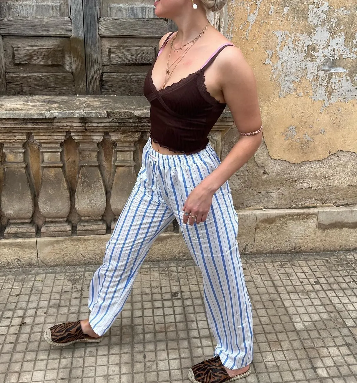 Faretumiya Women Y2k Striped Pants Elastic High Waist Wide Leg Pants Loose Lounge Bottoms Sweatpants Streetwear