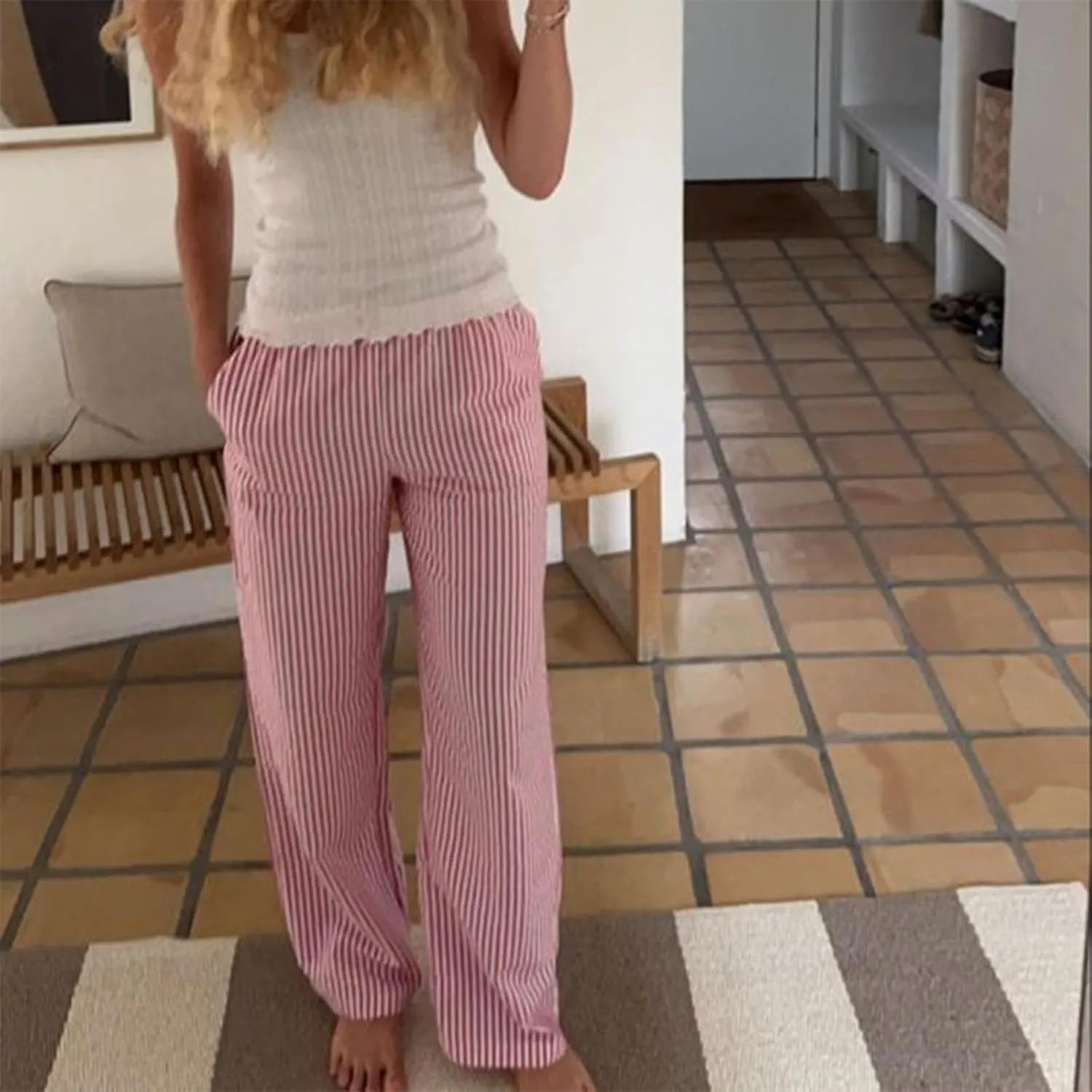 Faretumiya Women Y2k Striped Pants Elastic High Waist Wide Leg Pants Loose Lounge Bottoms Sweatpants Streetwear
