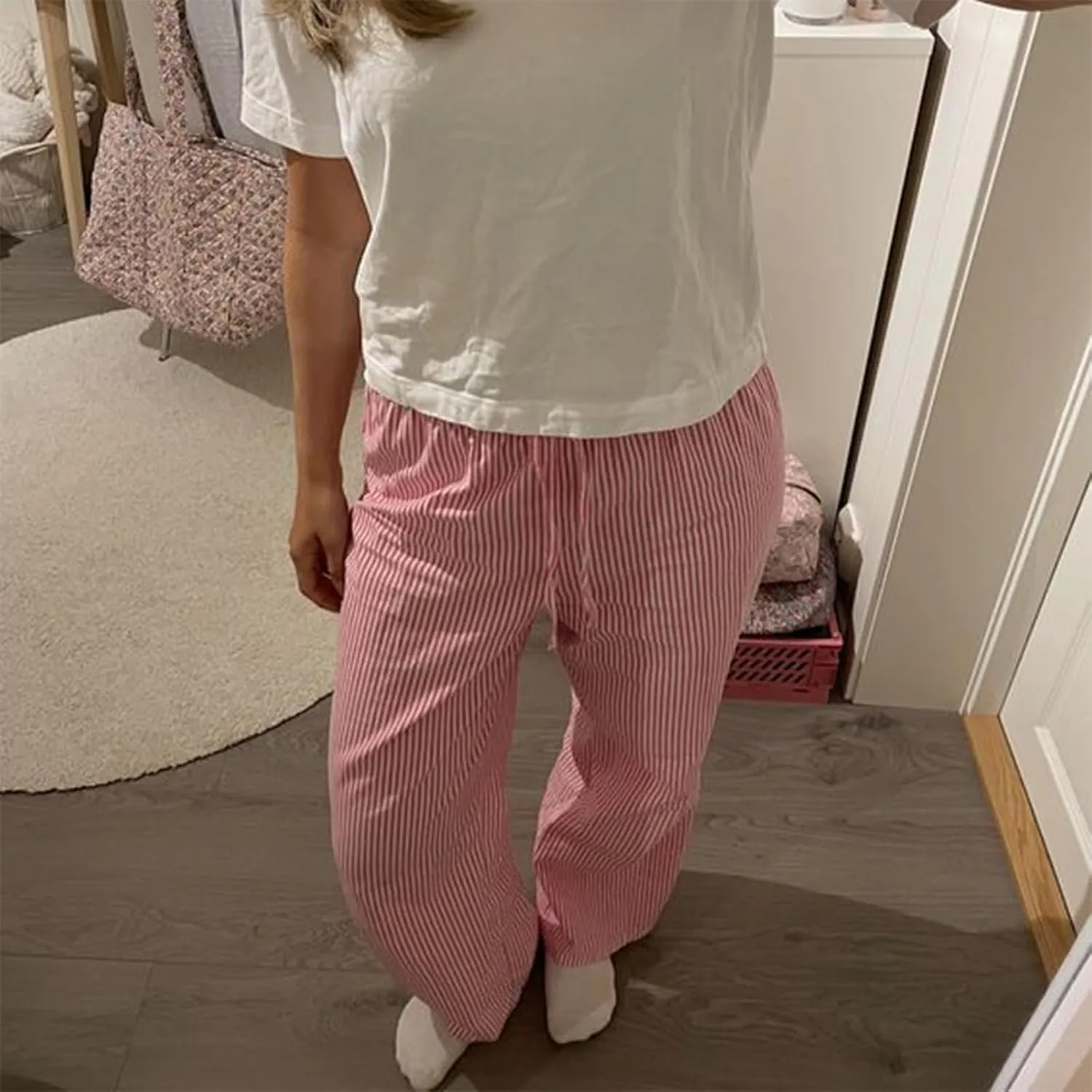 Faretumiya Women Y2k Striped Pants Elastic High Waist Wide Leg Pants Loose Lounge Bottoms Sweatpants Streetwear