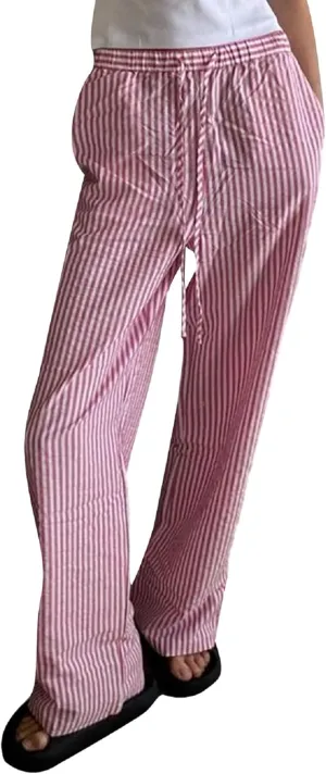 Faretumiya Women Y2k Striped Pants Elastic High Waist Wide Leg Pants Loose Lounge Bottoms Sweatpants Streetwear