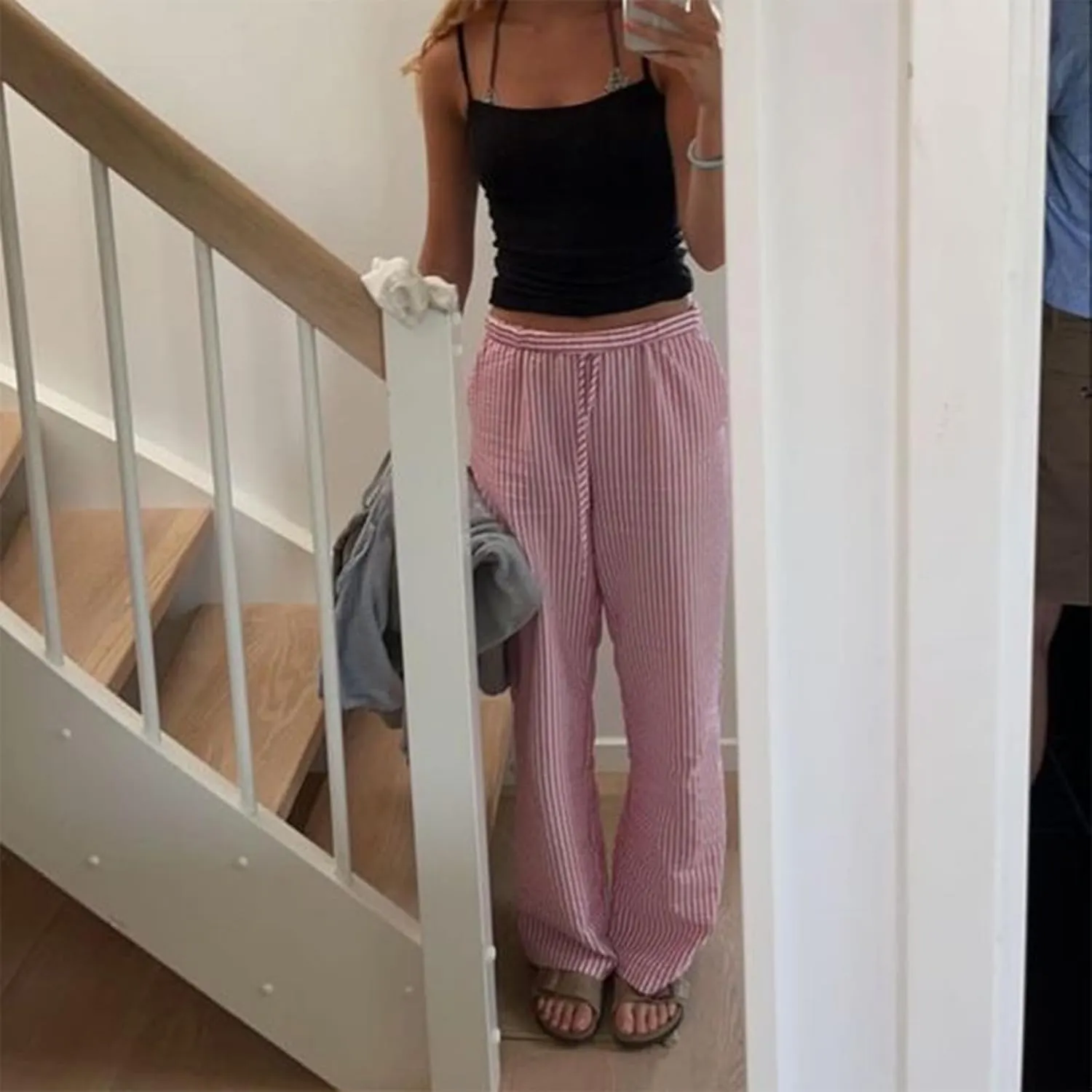 Faretumiya Women Y2k Striped Pants Elastic High Waist Wide Leg Pants Loose Lounge Bottoms Sweatpants Streetwear