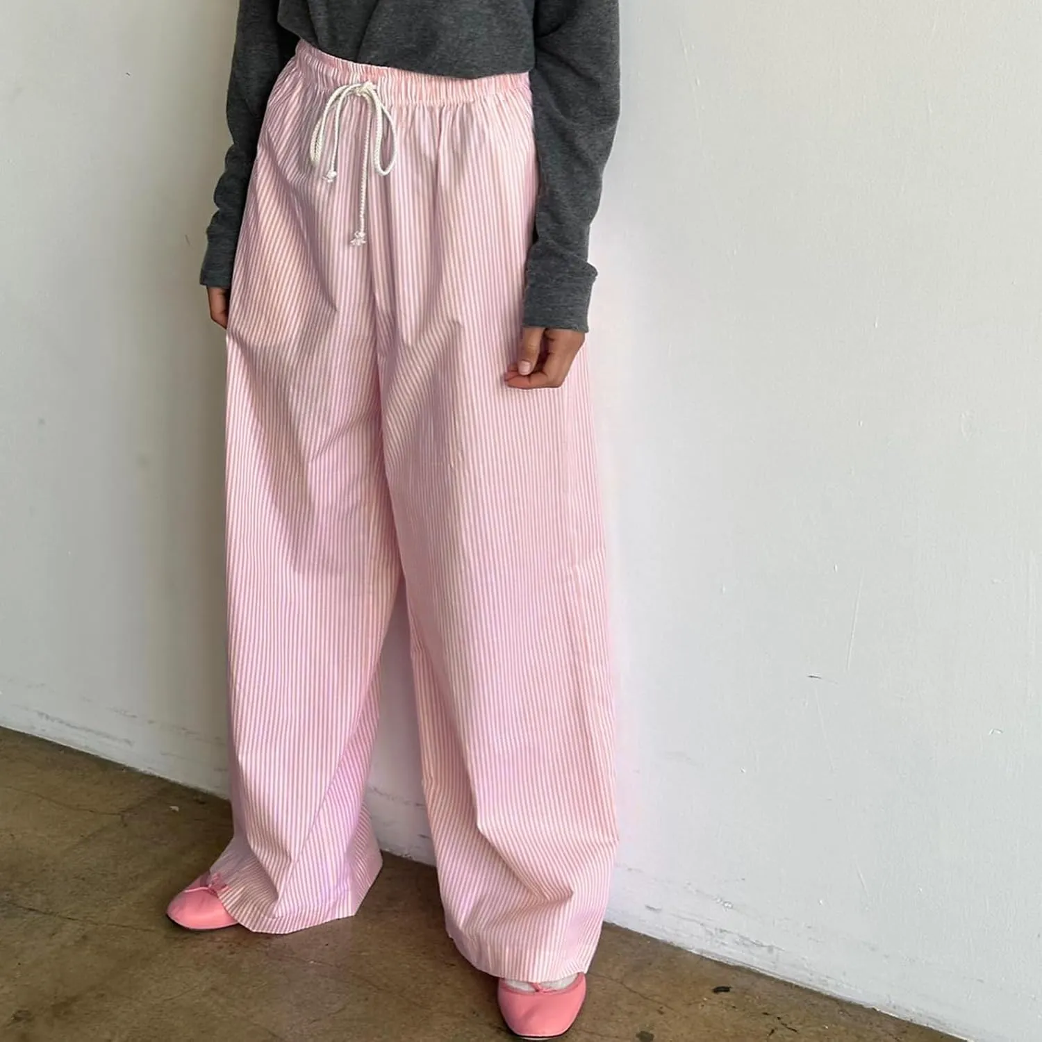 Faretumiya Women Y2k Striped Pants Elastic High Waist Wide Leg Pants Loose Lounge Bottoms Sweatpants Streetwear