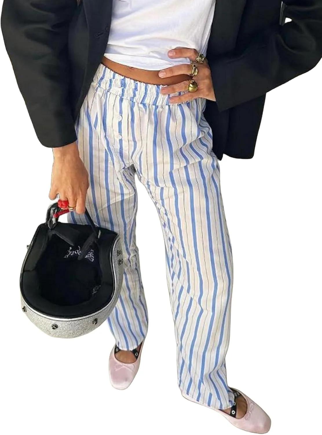Faretumiya Women Y2k Striped Pants Elastic High Waist Wide Leg Pants Loose Lounge Bottoms Sweatpants Streetwear