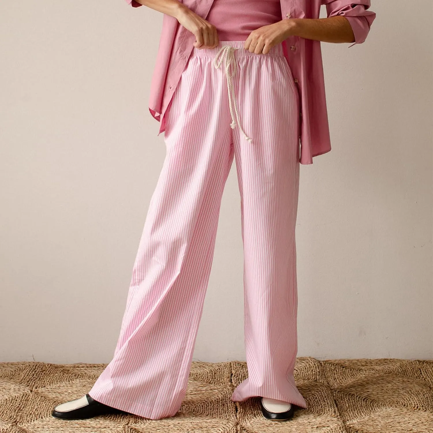 Faretumiya Women Y2k Striped Pants Elastic High Waist Wide Leg Pants Loose Lounge Bottoms Sweatpants Streetwear