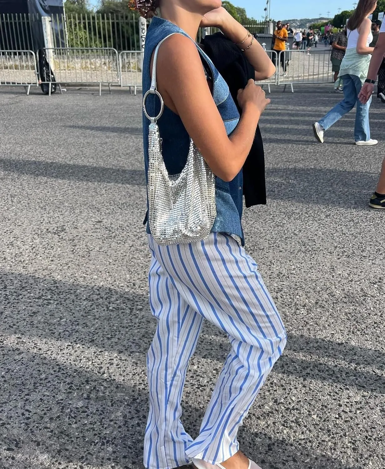 Faretumiya Women Y2k Striped Pants Elastic High Waist Wide Leg Pants Loose Lounge Bottoms Sweatpants Streetwear