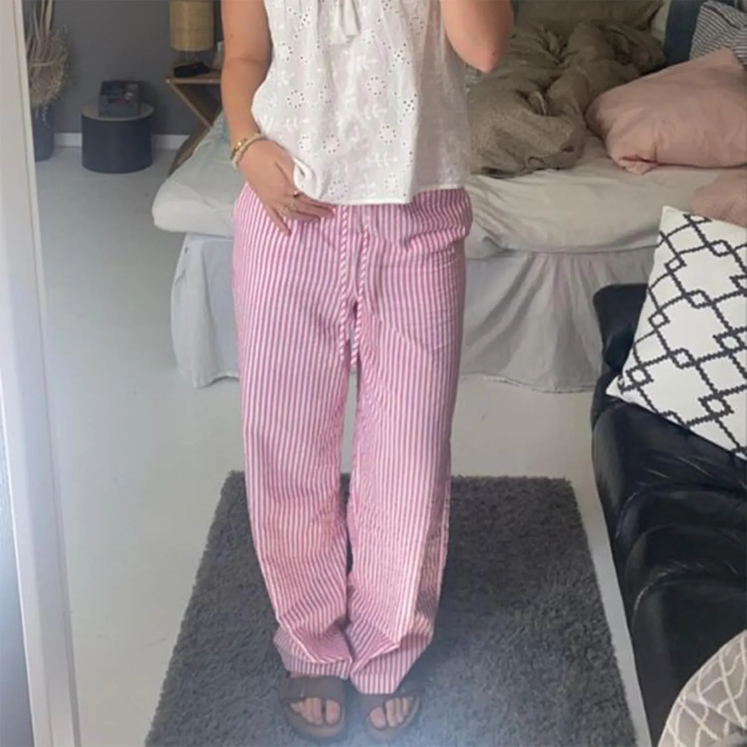Faretumiya Women Y2k Striped Pants Elastic High Waist Wide Leg Pants Loose Lounge Bottoms Sweatpants Streetwear