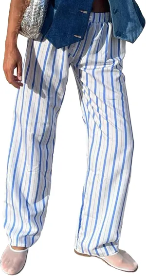 Faretumiya Women Y2k Striped Pants Elastic High Waist Wide Leg Pants Loose Lounge Bottoms Sweatpants Streetwear