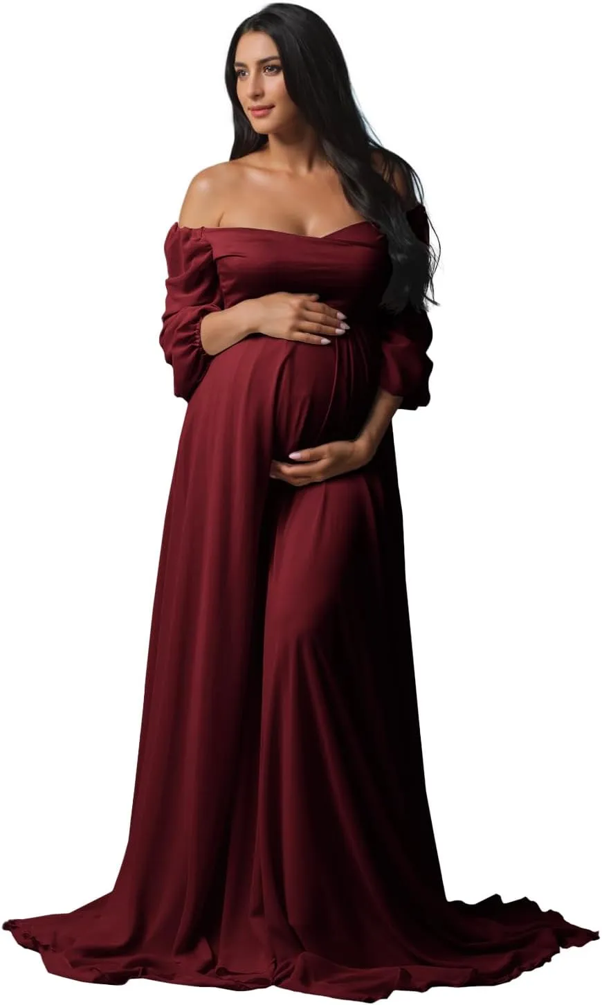 Fivsole Long Sleeve Maternity Dress for Baby Shower Photoshoot Chiffon Pregnancy Maternity Gowns for Photography