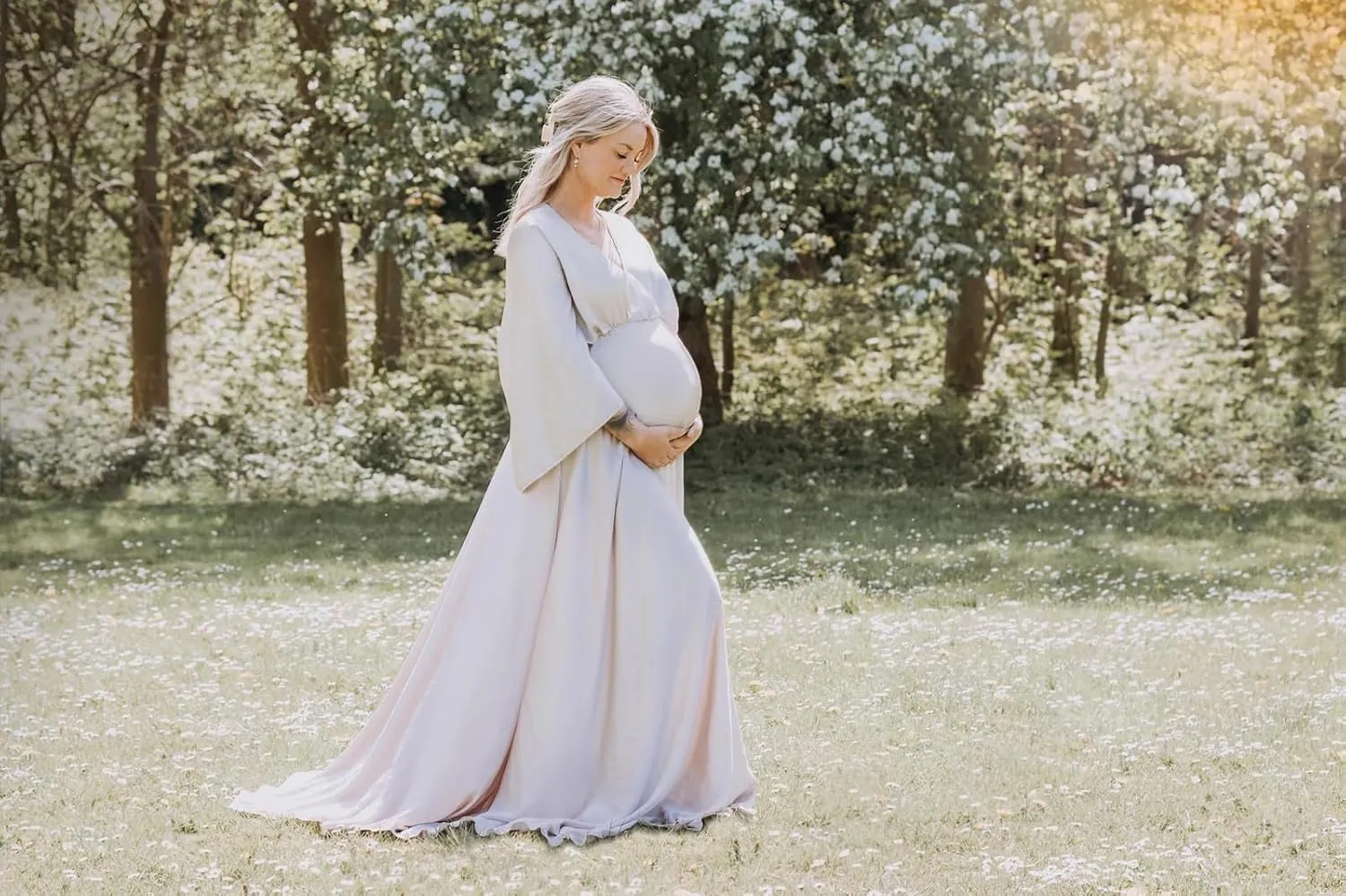 Fivsole Long Sleeve Maternity Dress for Photoshoot Pregnancy Gowns Plus Size Satin Baby Shower Dress