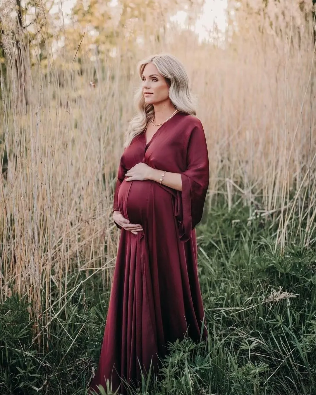 Fivsole Long Sleeve Maternity Dress for Photoshoot Pregnancy Gowns Plus Size Satin Baby Shower Dress