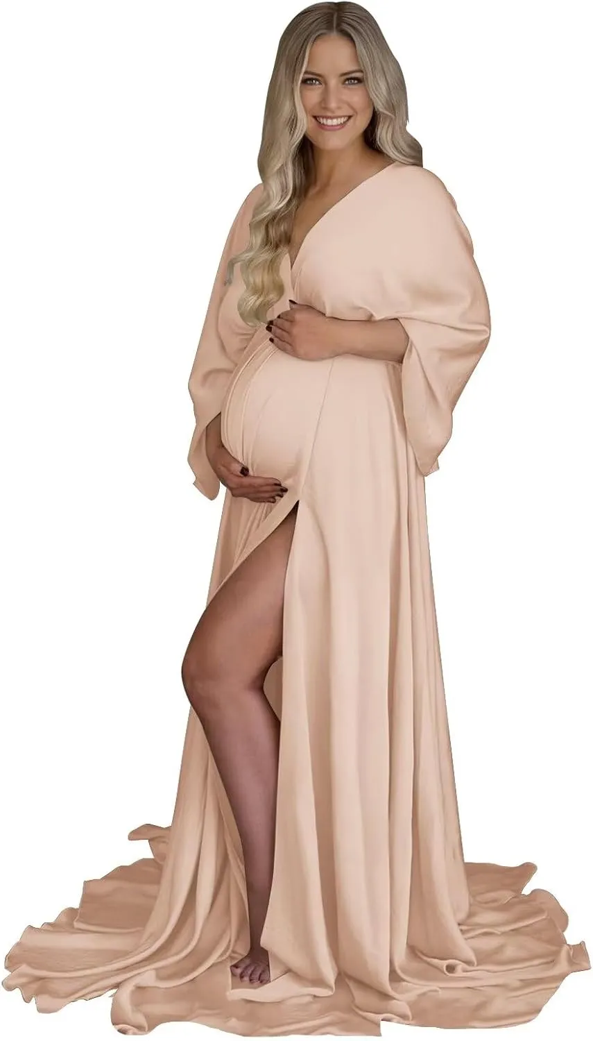Fivsole Long Sleeve Maternity Dress for Photoshoot Pregnancy Gowns Plus Size Satin Baby Shower Dress