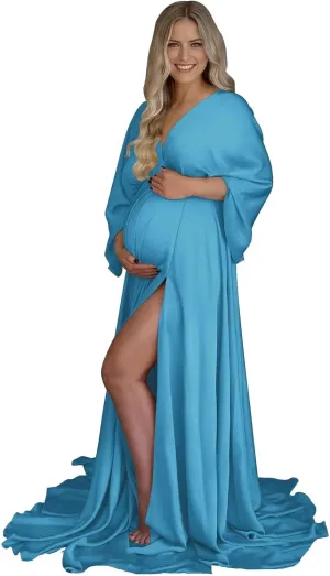 Fivsole Long Sleeve Maternity Dress for Photoshoot Pregnancy Gowns Plus Size Satin Baby Shower Dress