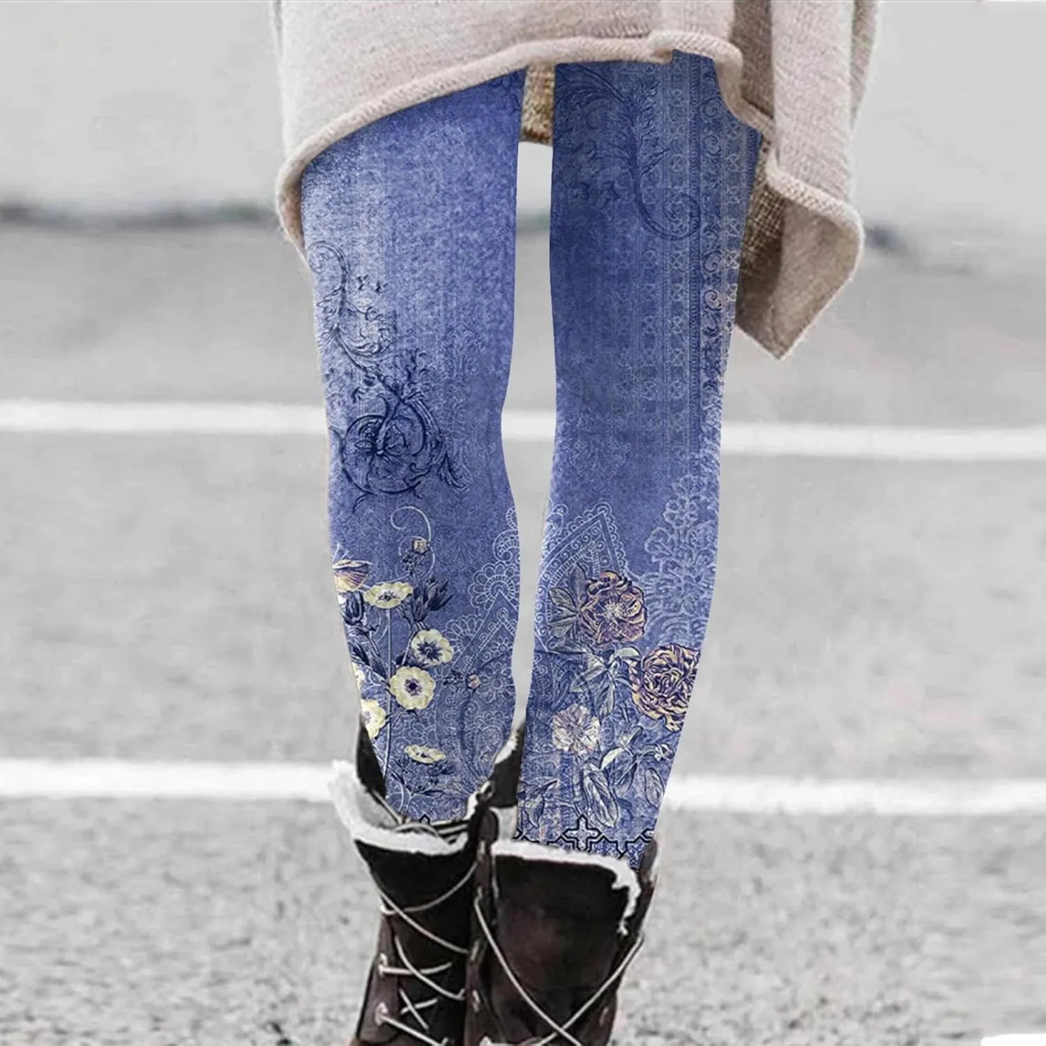 Fleece Lined Leggings Printed Bottom Pants Fall and Winter Inside Comfortable Casual Pants Women's Bottom Pants