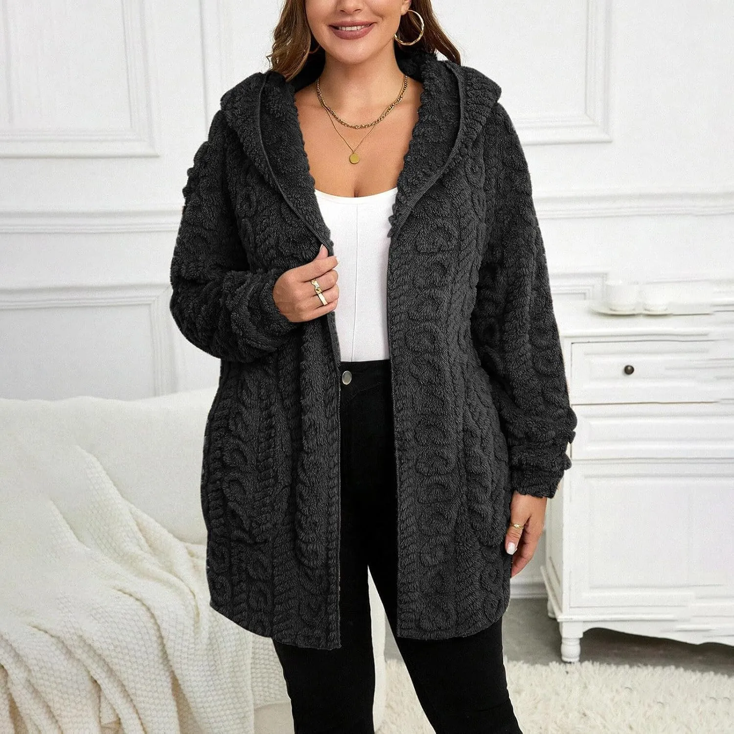 Fleece Lined Sweater Jacket Women Fluffy Sweater Coat Open Front Cardigan Jacket Winter Hooded Coats Warm Outerwear