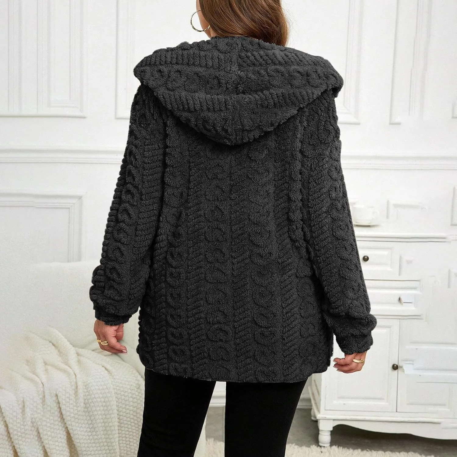 Fleece Lined Sweater Jacket Women Fluffy Sweater Coat Open Front Cardigan Jacket Winter Hooded Coats Warm Outerwear