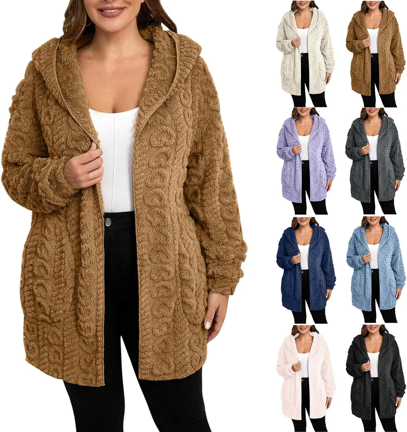Fleece Lined Sweater Jacket Women Fluffy Sweater Coat Open Front Cardigan Jacket Winter Hooded Coats Warm Outerwear