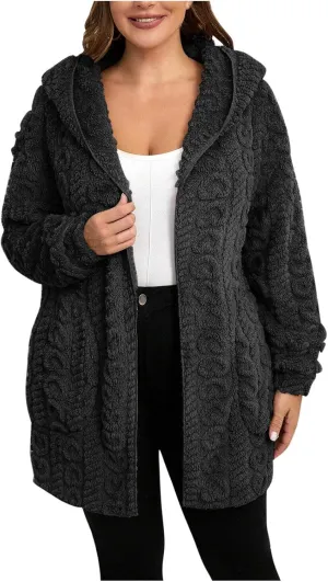 Fleece Lined Sweater Jacket Women Fluffy Sweater Coat Open Front Cardigan Jacket Winter Hooded Coats Warm Outerwear